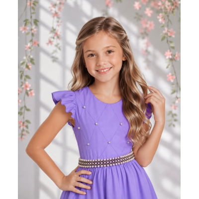 Vestido Longo Daminhas, Infantil Lilás em Poliéster, Nervura com Pérolas Cinto Luxo