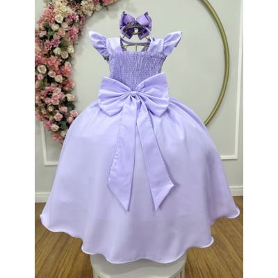 Vestido Longo Daminhas, Infantil Lilás em Poliéster, Nervura com Pérolas Cinto Luxo