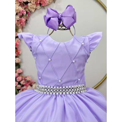 Vestido Longo Daminhas, Infantil Lilás em Poliéster, Nervura com Pérolas Cinto Luxo