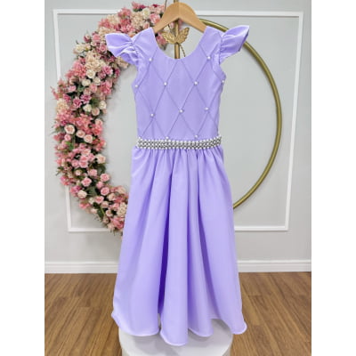 Vestido Longo Daminhas, Infantil Lilás em Poliéster, Nervura com Pérolas Cinto Luxo