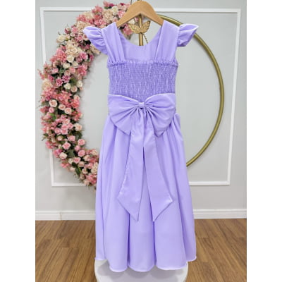 Vestido Longo Daminhas, Infantil Lilás em Poliéster, Nervura com Pérolas Cinto Luxo
