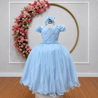 Vestido Infantil Longo Azul Bebe Glitter Busto Nervura Festa Daminha