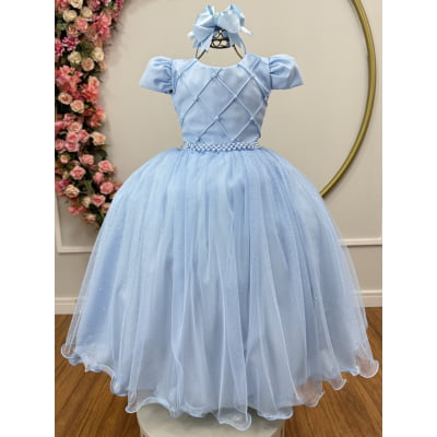 Vestido Infantil Longo Azul Bebe Glitter Busto Nervura Festa Daminha