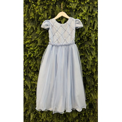 Vestido Infantil Longo Azul Bebe Glitter Busto Nervura Festa Daminha