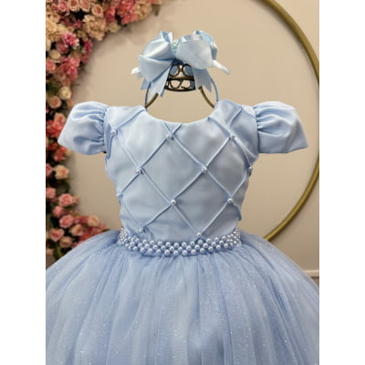 Vestido Infantil Longo Azul Bebe Glitter Busto Nervura Festa Daminha