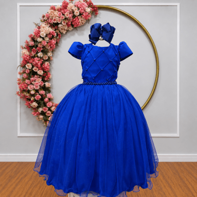 Vestido Infantil Longo Azul Royal Glitter Busto Nervura Festa Daminha
