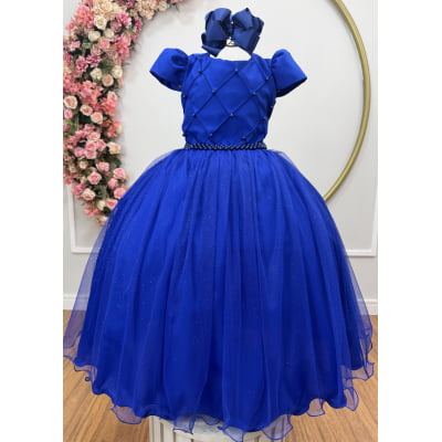 Vestido Infantil Longo Azul Royal Glitter Busto Nervura Festa Daminha