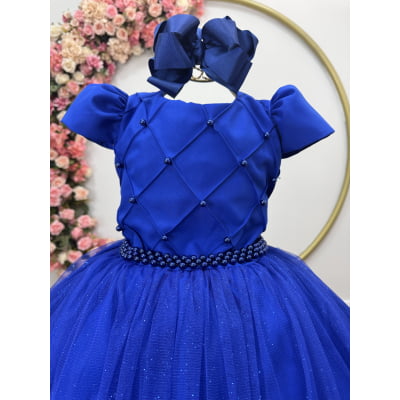 Vestido Infantil Longo Azul Royal Glitter Busto Nervura Festa Daminha