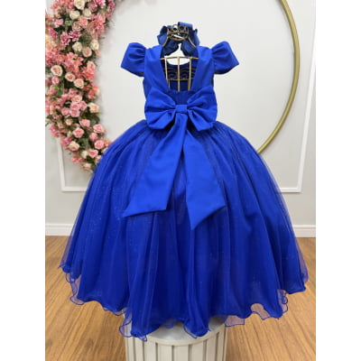 Vestido Infantil Longo Azul Royal Glitter Busto Nervura Festa Daminha