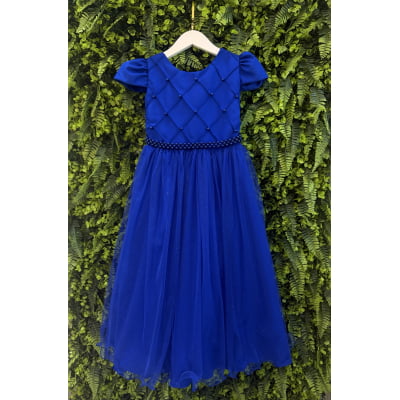 Vestido Infantil Longo Azul Royal Glitter Busto Nervura Festa Daminha
