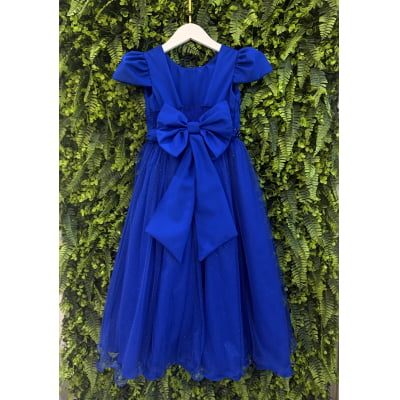Vestido Infantil Longo Azul Royal Glitter Busto Nervura Festa Daminha