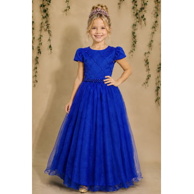 Vestido Infantil Longo Azul Royal Glitter Busto Nervura Festa Daminha