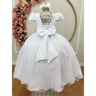 Vestido Infantil Longo Branco Tule Glitter Busto Nervura Festa Daminha