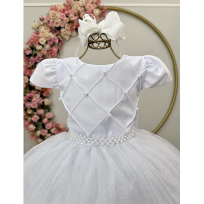 Vestido Infantil Longo Branco Tule Glitter Busto Nervura Festa Daminha