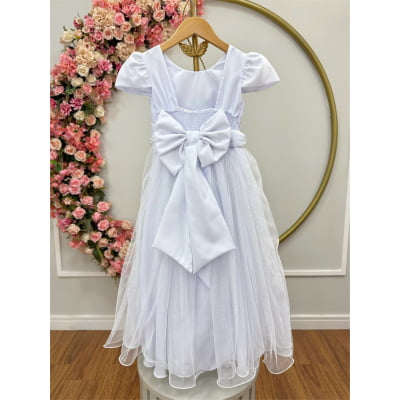 Vestido Infantil Longo Branco Tule Glitter Busto Nervura Festa Daminha