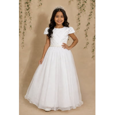Vestido Infantil Longo Branco Tule Glitter Busto Nervura Festa Daminha