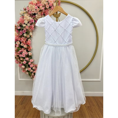 Vestido Infantil Longo Branco Tule Glitter Busto Nervura Festa Daminha