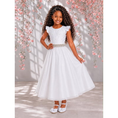 Vestido Longo Daminhas, Infantil Branco em Poliéster, Nervura com Pérolas Cinto Luxo