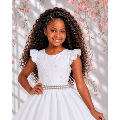 Vestido Longo Daminhas, Infantil Branco em Poliéster, Nervura com Pérolas Cinto Luxo