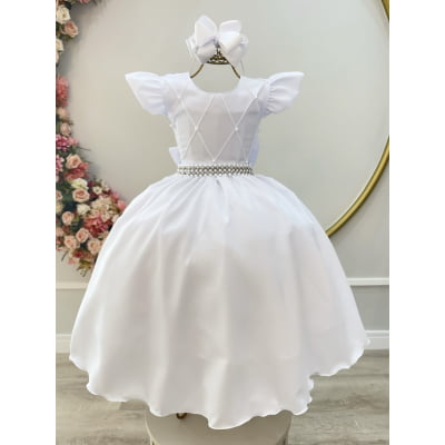 Vestido Longo Daminhas, Infantil Branco em Poliéster, Nervura com Pérolas Cinto Luxo