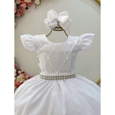 Vestido Longo Daminhas, Infantil Branco em Poliéster, Nervura com Pérolas Cinto Luxo
