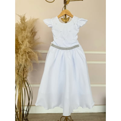 Vestido Longo Daminhas, Infantil Branco em Poliéster, Nervura com Pérolas Cinto Luxo