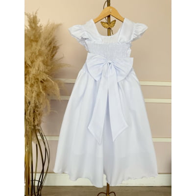 Vestido Longo Daminhas, Infantil Branco em Poliéster, Nervura com Pérolas Cinto Luxo