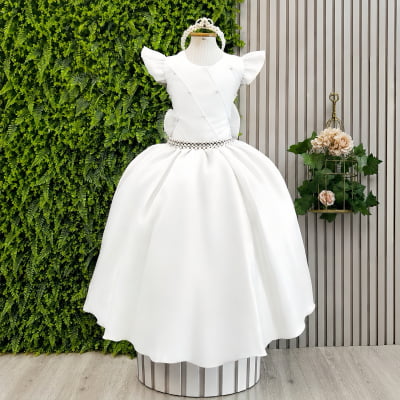 Vestido Longo Daminhas, Infantil Branco em Poliéster, Nervura com Pérolas Cinto Luxo