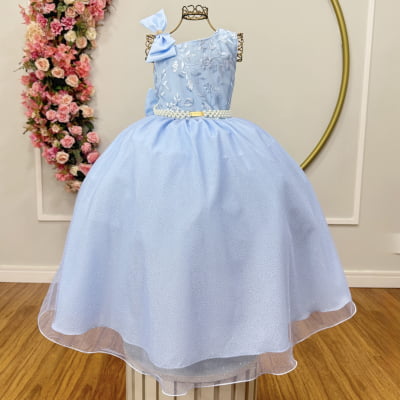 Vestido Infantil Longo Festas Azul Bebe Busto Renda