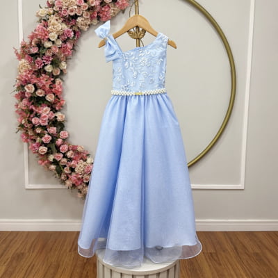 Vestido Infantil Longo Festas Azul Bebe Busto Renda