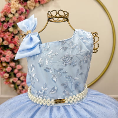 Vestido Infantil Longo Festas Azul Bebe Busto Renda