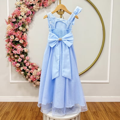Vestido Infantil Longo Festas Azul Bebe Busto Renda