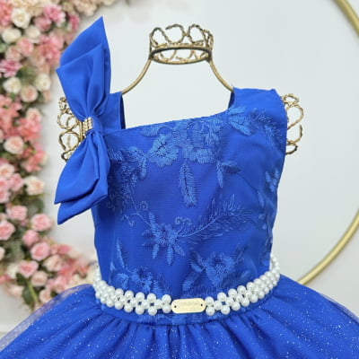 Vestido Infantil Longo Festas Azul Royal Busto Renda