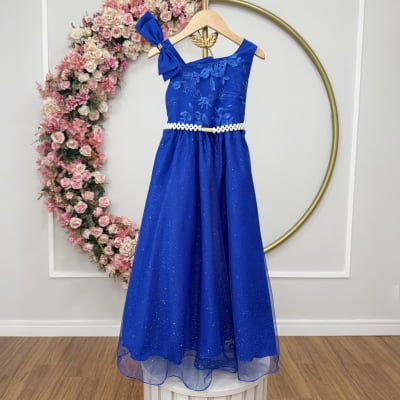Vestido Infantil Longo Festas Azul Royal Busto Renda