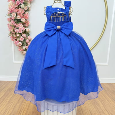 Vestido Infantil Longo Festas Azul Royal Busto Renda