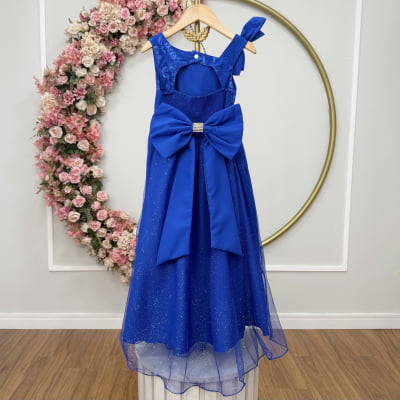 Vestido Infantil Longo Festas Azul Royal Busto Renda