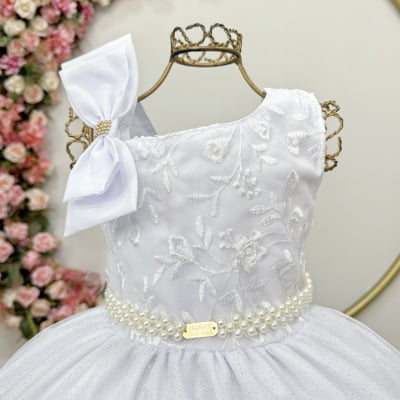 Vestido Infantil Longo Festas Branco Busto Renda