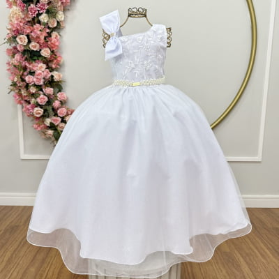 Vestido Infantil Longo Festas Branco Busto Renda