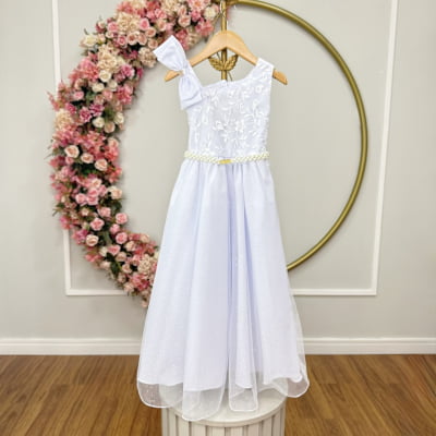 Vestido Infantil Longo Festas Branco Busto Renda