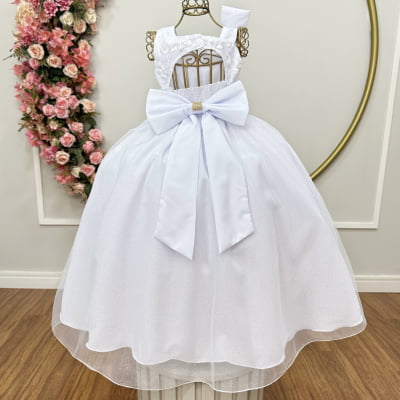 Vestido Infantil Longo Festas Branco Busto Renda
