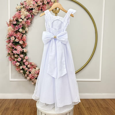 Vestido Infantil Longo Festas Branco Busto Renda