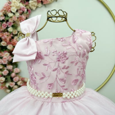 Vestido Infantil Longo Festas Rosa Bebe Busto Renda