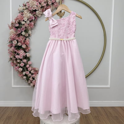 Vestido Infantil Longo Festas Rosa Bebe Busto Renda