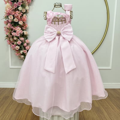 Vestido Infantil Longo Festas Rosa Bebe Busto Renda
