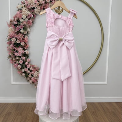 Vestido Infantil Longo Festas Rosa Bebe Busto Renda