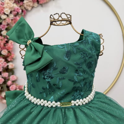 Vestido Infantil Longo Festas Verde Bandeira Busto Renda