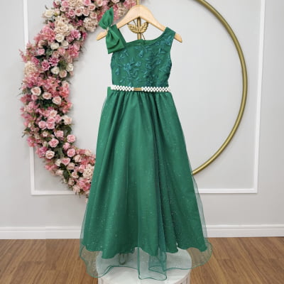 Vestido Infantil Longo Festas Verde Bandeira Busto Renda