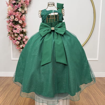 Vestido Infantil Longo Festas Verde Bandeira Busto Renda