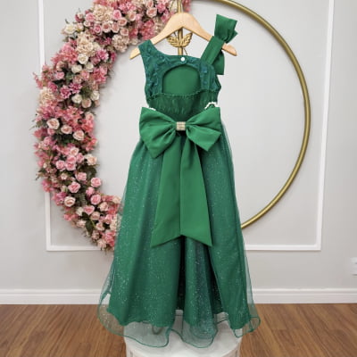 Vestido Infantil Longo Festas Verde Bandeira Busto Renda