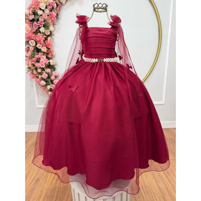 Vestido Infantil Longo Marsala C/ Aplique de Borboletas Festas